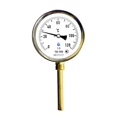 Термометр биметаллический ТБ 100 с радиальным штуцером /100мм/L=100мм/1,5/0...+150° / G 1/2 латунный 000001609 фото